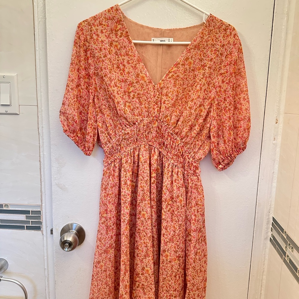 Mango Pink Ruched Midi Sundress with Puff Sleeves